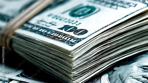 Stack of hundred-dollar bills with detailed focus on the currency's design and texture