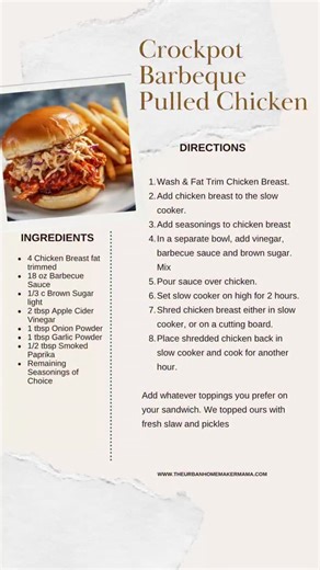 Crockpot Barbecue Pulled Chicken. Easy, saucy, and perfect for those nights when you want comfort without the effort 🍗✨ Just set it, shred it, and pile it high on a toasted bun with slaw and pickles. What’s your favorite way to serve BBQ chicken? crockpot bbq chicken easy slow cooker meals pulled chicken sandwich weeknight dinner ideas comfort food recipes #DinnerTok #EasyRecipes #SlowCookerMeals #BBQChicken #comfortfood | The Urban Homemaker Mama