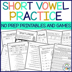 Short Vowel Review Pack w Phonics Worksheets & Games for Short A E I O U