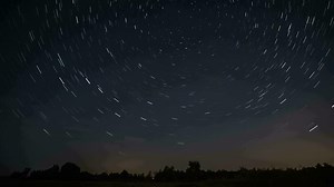 Stars move around a polar star. Time lapse of Star trails in the night sky. 4K