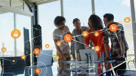 Animation of network fo connections over diverse business people in office