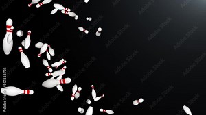 Falling Bowling Pins animated background. High quality 4k. 3d bowling balls pins. Sports and entertainment. pin bowling, strike, playing tennis bowl. Building bowling games. Activities entertainment