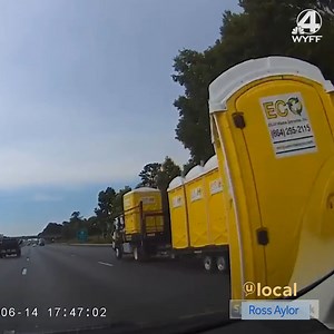 CLOSE CALL! 😲 This could have been SO much worse! ulocal Carolinas member Ross Aylor caught this near-miss Monday about 5:45 p.m. during his commute. He said the portable toilet hit the back of his car, which pushed it off the road. No one was injured. Check our traffic map for any current issues: https://www.wyff4.com/traffic | WYFF News 4