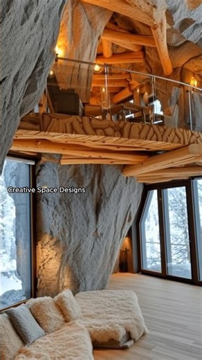 Stunning treehouse loft built into stone! 😱 #interiordesign #rustic #woodworking #homeimprovement