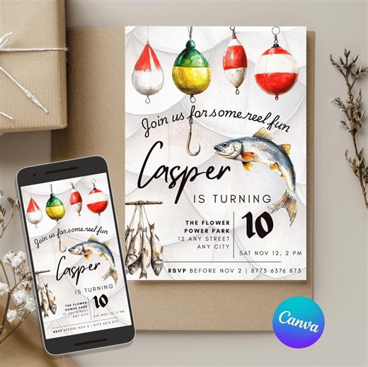 Editable Fishing Birthday Invitation in Red and Green, Canva Template for Kids Fishing Party, Printable Invite - Etsy