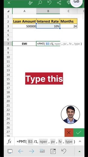 Calculate EMI in Excel 😱 PMT Function Trick | Loan EMI in Seconds ⚡ No Calculator #shorts
