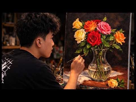 🎨 Painting Colorful Roses in a Glass Vase | Relaxing Acrylic Still Life Tutorial | #181