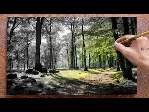 How to draw landscape painting /#117/ Steps to drawing a green forest landscape / Acrylic painting