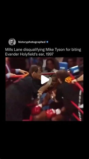 History Photographed on Instagram: "During the 1997 boxing match, referee Mills Lane disqualified Mike Tyson for biting a piece of Evander Holyfield’s ear. The incident occurred during the third round, when Tyson bit Holyfield twice, prompting Lane to stop the fight. The disqualification led to chaos in the ring and a significant controversy in the boxing world. Tyson’s actions resulted in a suspension and a substantial fine, marking a notorious moment in sports history."