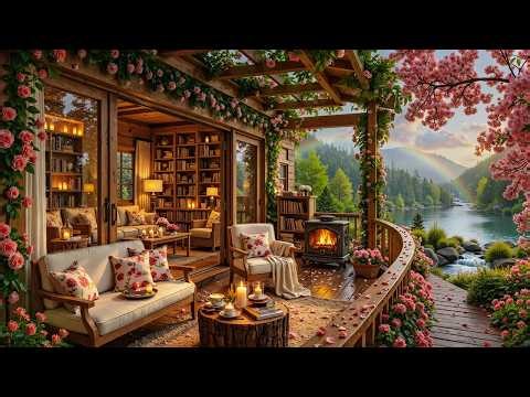 Fire Crackles at Warm Rainy Lakeside Porch for Energy | Slow Morning Jazz with Rainy Spring Ambience