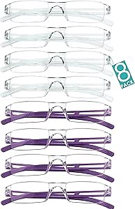 VisionGlobal 8 Pairs Reading Glasses, Blue Light Blocking Glasses, Computer Reading Glasses for Women and Men, Fashion Square Eyewear Frame (4clear+4purple,+3.75 Magnification)