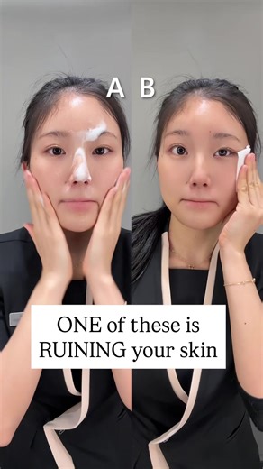 A or B — who’s actually damaging their skin? . The answer → B 😱 Why using cotton pads with cleansing water is NOT a good idea 1️⃣Friction slowly damages your skin barrier Cotton pads create more friction than you realize. Rubbing your skin every day slowly thins out the outer layer and weakens your skin’s natural barrier. → More sensitivity / more redness / worse inner dryness 2️⃣How breakouts really start: micro damage Your skin might look fine on the surface, but constant wiping causes tiny d