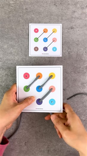 @sooksookbrain on Instagram: "🧵This Lacing Pattern Matching Activity helps young children develop fine motor skills, visual tracking, and early pattern recognition through hands-on play. Children follow the pattern card and thread the lace through the matching colored dots to recreate each design. Perfect for preschool, kindergarten, Montessori classrooms, homeschool setups, or quiet time activities. Print the cards on thick paper or laminate them for durability, and pair with shoelaces, yarn,