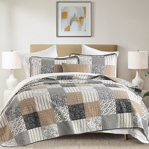 DDUOXIN Brown Plaid King Size Quilts - 100% Cotton King Size Quilt Set, Floral Gray Brown Patchwork Quilt Bedspreads for King Bed, Lightweight Reversible Coverlet Bedding Set with 2 Pillow Shams