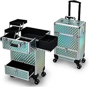 Hododou Blue Rolling Makeup Case with Drawer Travel Trolley Cosmetology Case on Wheel Makeup Storage Salon Barber Case Traveling Cart Trunk for Cosmetologist Nail Tech Hairstylist