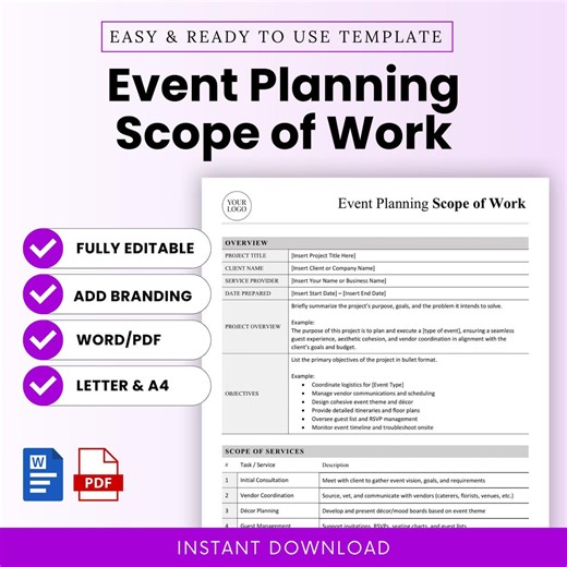 Event Planning Scope of Work Template – Word & PDF, A4   US Letter - Etsy