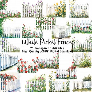 White Picket Fence Clipart: Garden Flowers, Scrapbooking (PNG Files) - Etsy