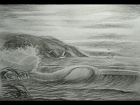 Comment dessiner Mer brisant contre les rochers / Vagues sur la plage sous un ciel nuageux