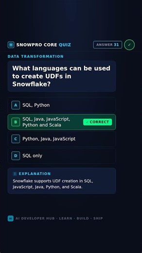 SnowPro Core Quiz #031 | Languages for Snowflake UDFS