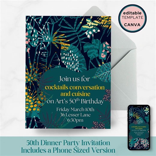 50th Birthday Dinner Party Invitation Template, Tropical Cocktail Party Invite, Editable Canva Milestone Birthday - Etsy