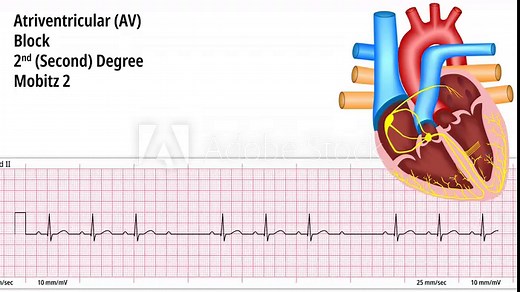 Second Degree Atrioventricular Block Mobitz 2 - 2nd degree AV Block Mobitz 2 - ECG and Heart Conduction - Electrocardiogram Medical Animation