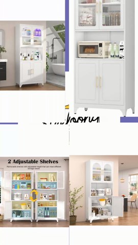 Metal Kitchen Pantry Storage Cabinet，75" Tall Storage Cabinets with 4 Doors and Adjustable Shelves ，White Hutch Cabinet with Microwave Stand,Large Kitchen Cupboard for Dining Room
