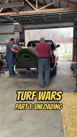 I’m calling this series Turf Wars because I may have gotten in a little over my head on this one and installing it ourselves is going to be a battle. I knew the turf was going to be heavy, but with the infill and extra sand, it’s about double what we were told it would be, which is too heavy for our tractor to handle. We had to get a little creative with it, but we were finally able to get it out of the truck and rolled out. Now for the really fun part- getting the infill out so we can cut and m