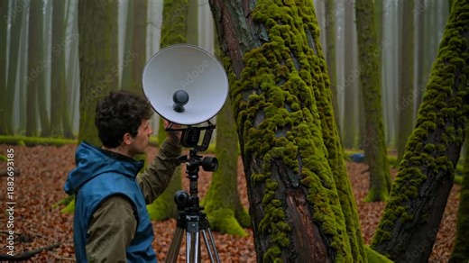 man parabolic microphone mossy forest recording distant bird calls on tripod, foggy morning, fallen leaves underfoot, focused listening for bioacoustics research, hands adjusting