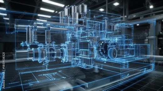 Industrial blueprint visualization, 3D animated technical schematic of factory equipment and heavy engine components for professional engineering presentations.