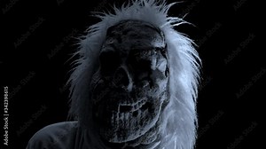 Grotesque Ghost with dark eyes and spooky complexion appears face on with medium close view and then sinks from view. Background blanked with alpha channel