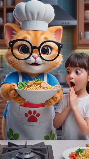 Cute Animal cooks noodles for her little mistress.