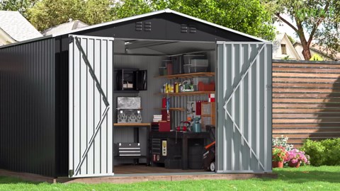 VIWAT 10x10 FT Outdoor Storage Shed, Large Garden Shed with Updated Frame Structure and Lockable Doors, Metal Tool Sheds for Backyard Garden Patio Lawn, Black