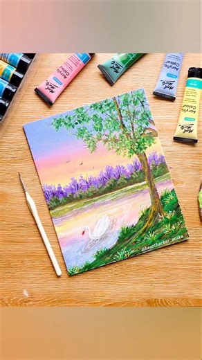 Glowing Sunset Sky/Swan Lake/Scenery Painting/Easy Acrylic Painting for Beginners/Nature Art Ideas