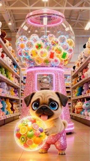 Cute Pug buys a glowing surprise ball🐶 Opening it with his Teddy Bear—full of mini fruit toys!🧸🍇