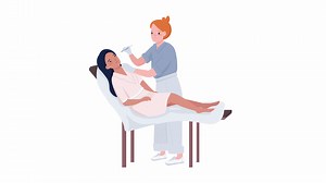 Animated face procedure characters. Rejuvenation procedure. Full body flat people on white background with alpha channel transparency. Colorful cartoon style HD video footage for animation