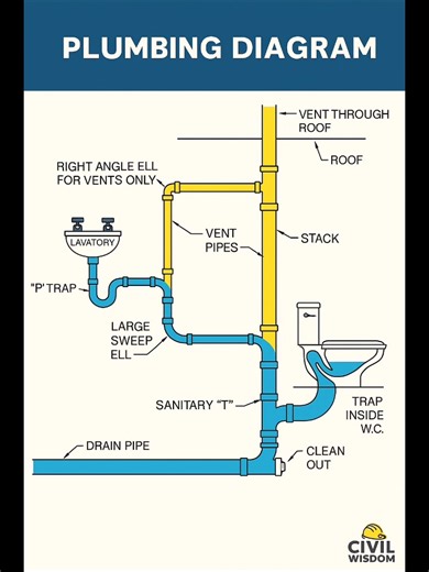 Learn the complete sanitary pipe system layout — from traps and vents to drain pipes and clean-outs. A simple visual guide for every civil engineer and plumber. #CivilWisdom #SanitarySystem #PlumbingDesign #CivilEngineering #BuildingConstruction #DrainageSystem #ConstructionKnowledge | Civil Wisdom