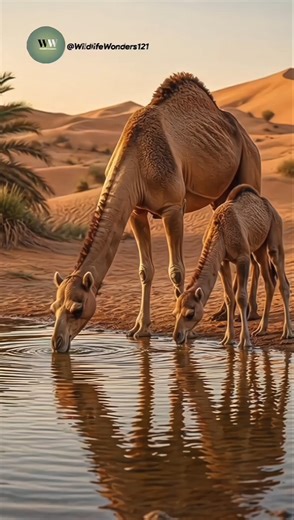 Watch This Mother Camel and Baby Calf Drink at a Hidden Oasis