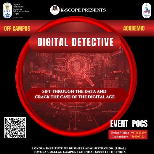 STUDENT ACTIVITIES COUNCIL on Instagram: "EVENT NAME: DIGITAL DETECTIVE – Chrysalis 2026 Off-Campus Academic Event – When data becomes the key to truth. Step into the world of digital forensics and investigative analytics. Decode patterns, trace anomalies, and crack the case of the digital age. 🕵️‍♀️💻 ‼️ LINK IN BIO ‼️ 📲 Registrations are LIVE now on Unstop! 📍 Venue: LIBA, Loyola Campus 📅 Event Date: February 12th, 2026 🎯 What to Expect: - Data analysis & forensic rounds - Logic-based inve
