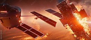 A satellite caught in a catastrophic explosion, engulfed in flames, and disintegrating in orbit