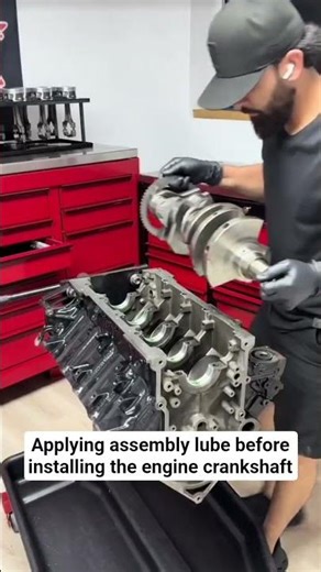 Applying assembly lube before installing the engine crankshaft