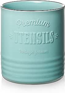 DOWAN 7.2″ Extra Large Kitchen Utensil Holder - Farmhouse Utensil Holder for Countertop - Ceramic Utensil Crock with Protection Cork Mat - Kitchen Decor & Housewarming Gift (Turquoise)