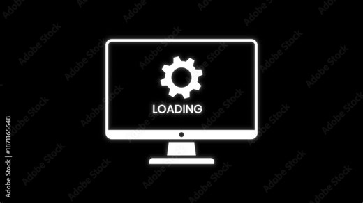 Modern computer monitor animation showing rotating gear and loading text for system setup