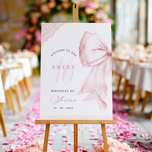 Sweet 16 Birthday Welcome Sign Template Pink Bow Lace Party Decor Editable Canva Template Girl Sweet Sixteen Welcome Poster - Etsy