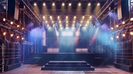 an industrial outdoor stage design with metal scaffolding and edgy lighting for a modern New Years Eve concert. .
