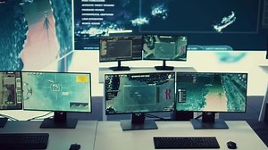 Federal agency command center equipped with surveillance and satellite system overseeing threats or danger on a world map. Military control room headquarters with a dashboard.