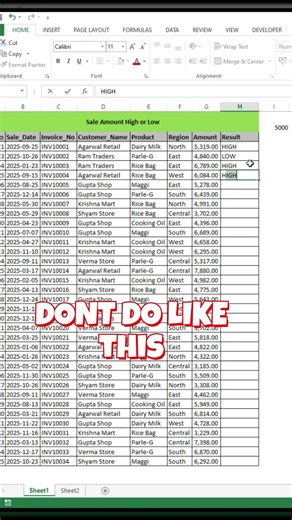 Excel IF Formula in 30 Seconds ⚡ High Sale vs Low Sale #excelshorts #shorts #ytshorts