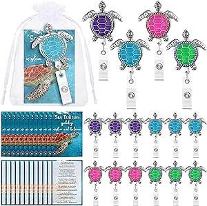 Kosiz 12 Sets Employee Appreciation Sea Turtle ID Badges Clips Gifts Turtle Badge Holder Retractable ID Clips with Thank You Cards and Organza Bags for Coworkers Teacher Student Gifts