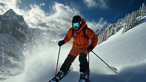 Skier tackling a challenging mogul field on a snowy mountain, with sharp turns and snow flying in every direction. . 4K Video