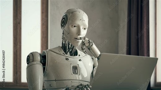 4k video of an AI robot working behind the laptop in the office.