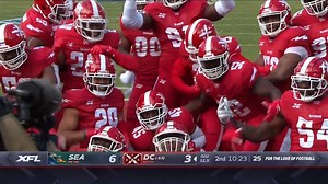 Rahim Moore picks off Brandon Silvers and celebrates with his DC Defenders teammates. #ForTheLoveOfFootball | UFL